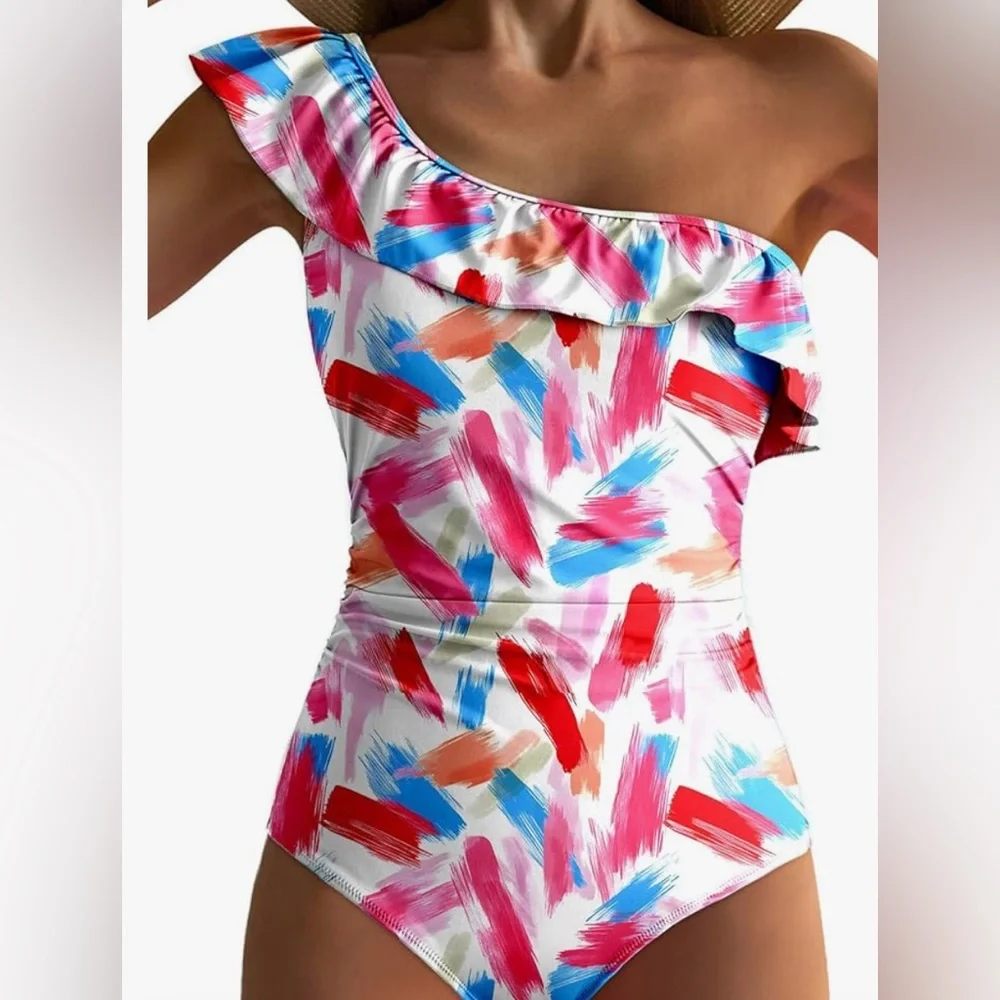Colorful Ruffled One-Shoulder Swimsuit - Picture 2 of 3